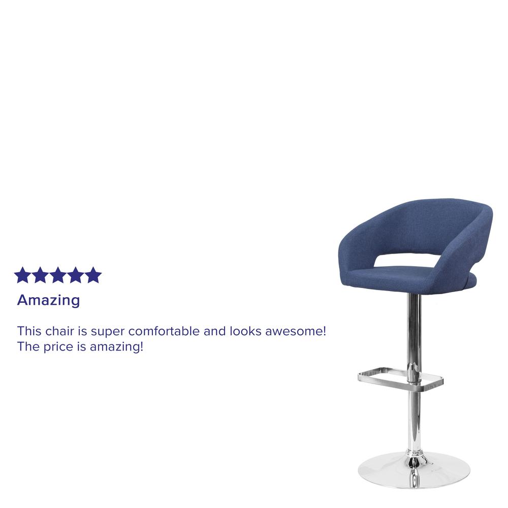 Contemporary Blue Fabric Adjustable Height Barstool with Rounded Mid-Back and Chrome Base. Picture 7