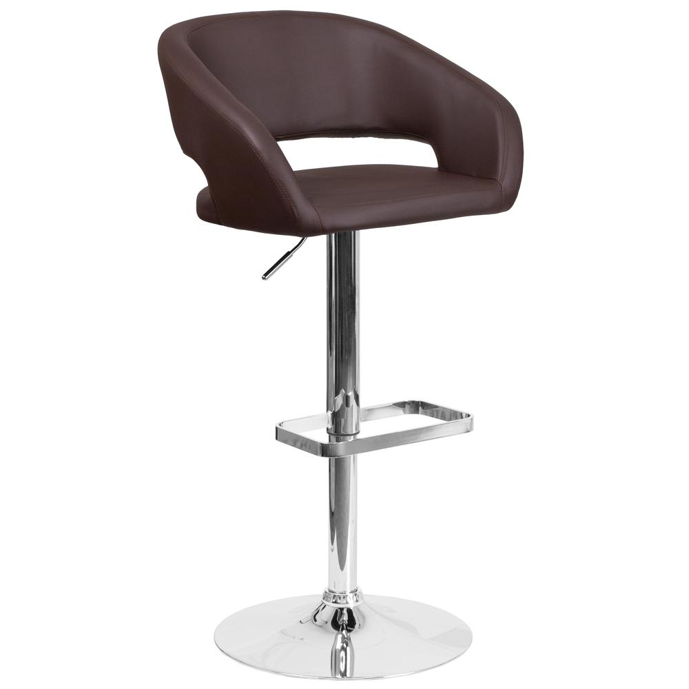 Contemporary Brown Vinyl Adjustable Height Barstool with Rounded Mid-Back and Chrome Base. The main picture.