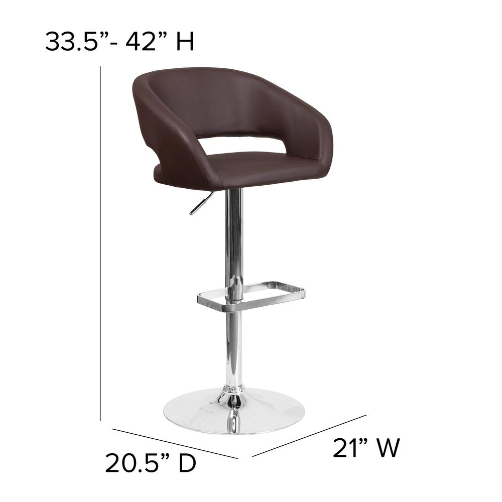 Contemporary Brown Vinyl Adjustable Height Barstool with Rounded Mid-Back and Chrome Base. Picture 2