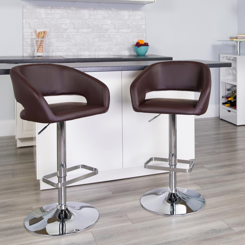 Contemporary Brown Vinyl Adjustable Height Barstool with Rounded Mid-Back and Chrome Base. Picture 6