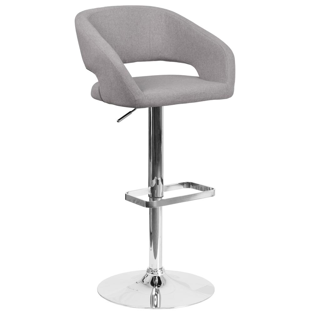Contemporary Gray Fabric Adjustable Height Barstool with Rounded Mid-Back and Chrome Base. The main picture.