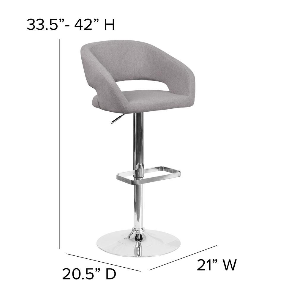 Contemporary Gray Fabric Adjustable Height Barstool with Rounded Mid-Back and Chrome Base. Picture 2