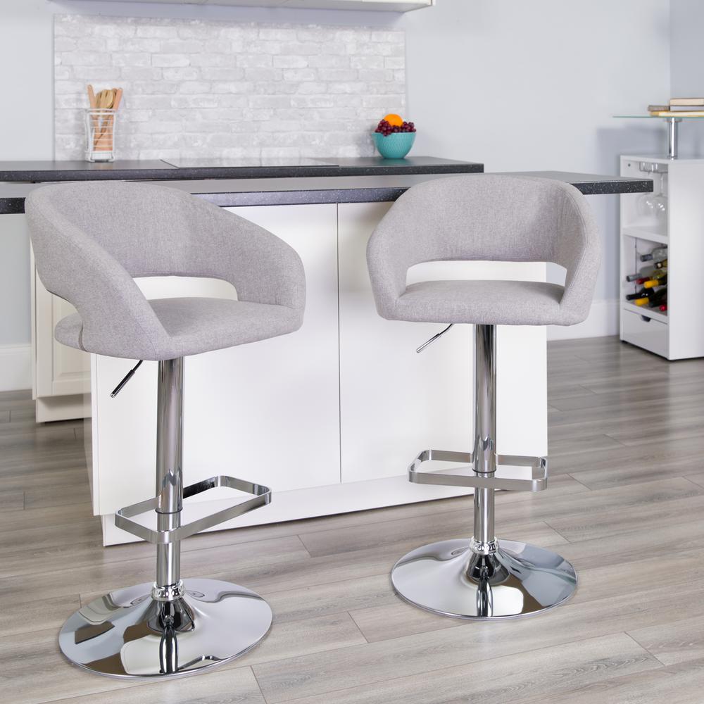 Contemporary Gray Fabric Adjustable Height Barstool with Rounded Mid-Back and Chrome Base. Picture 9