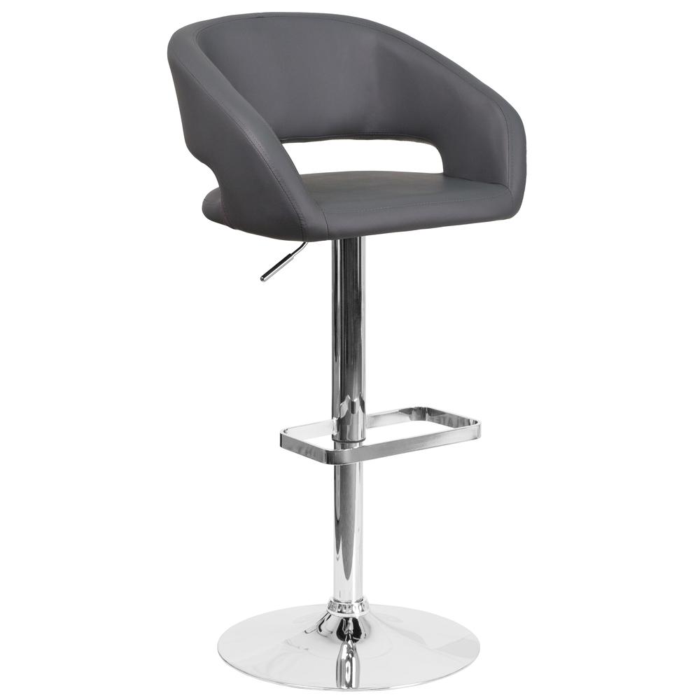 Contemporary Gray Vinyl Adjustable Height Barstool with Rounded Mid-Back and Chrome Base. Picture 1