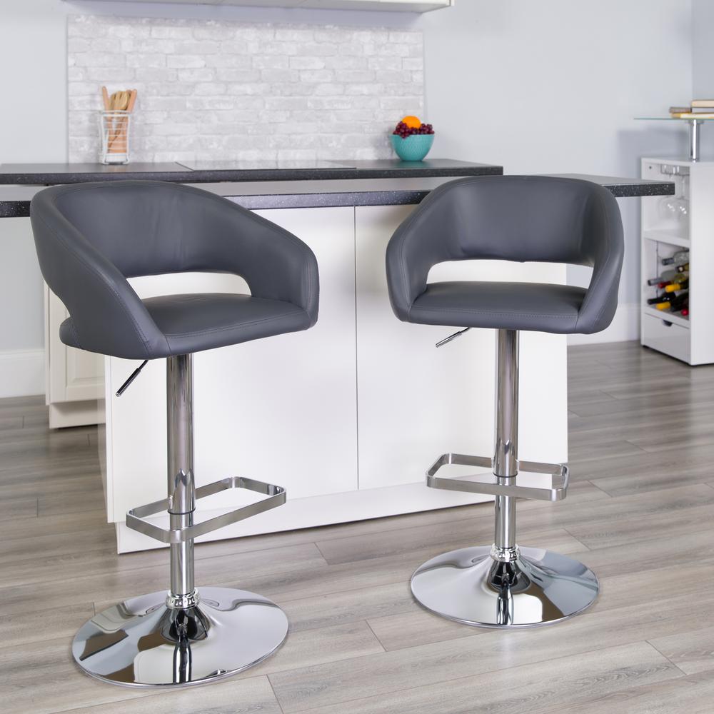 Contemporary Gray Vinyl Adjustable Height Barstool with Rounded Mid-Back and Chrome Base. Picture 9