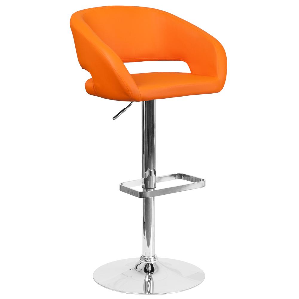 Contemporary Orange Vinyl Adjustable Height Barstool with Rounded Mid-Back and Chrome Base. Picture 1