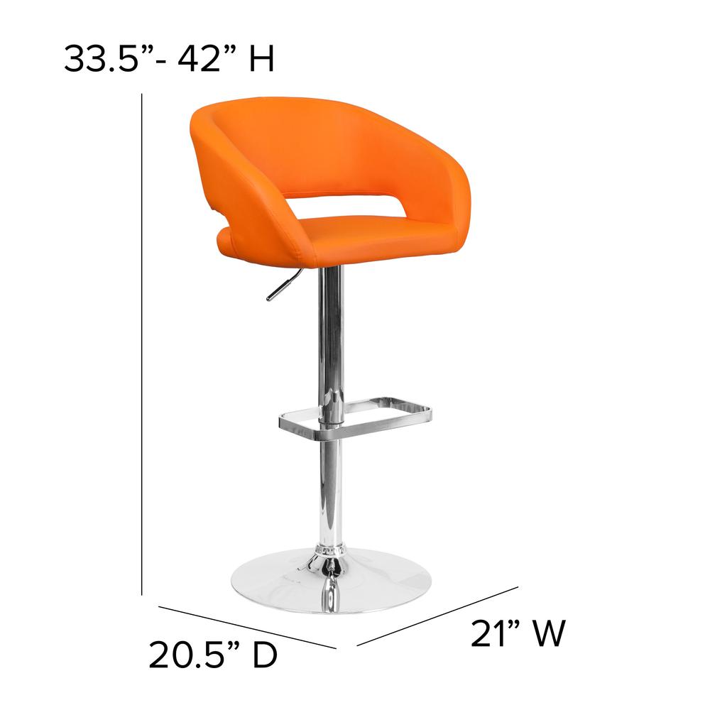 Contemporary Orange Vinyl Adjustable Height Barstool with Rounded Mid-Back and Chrome Base. Picture 2