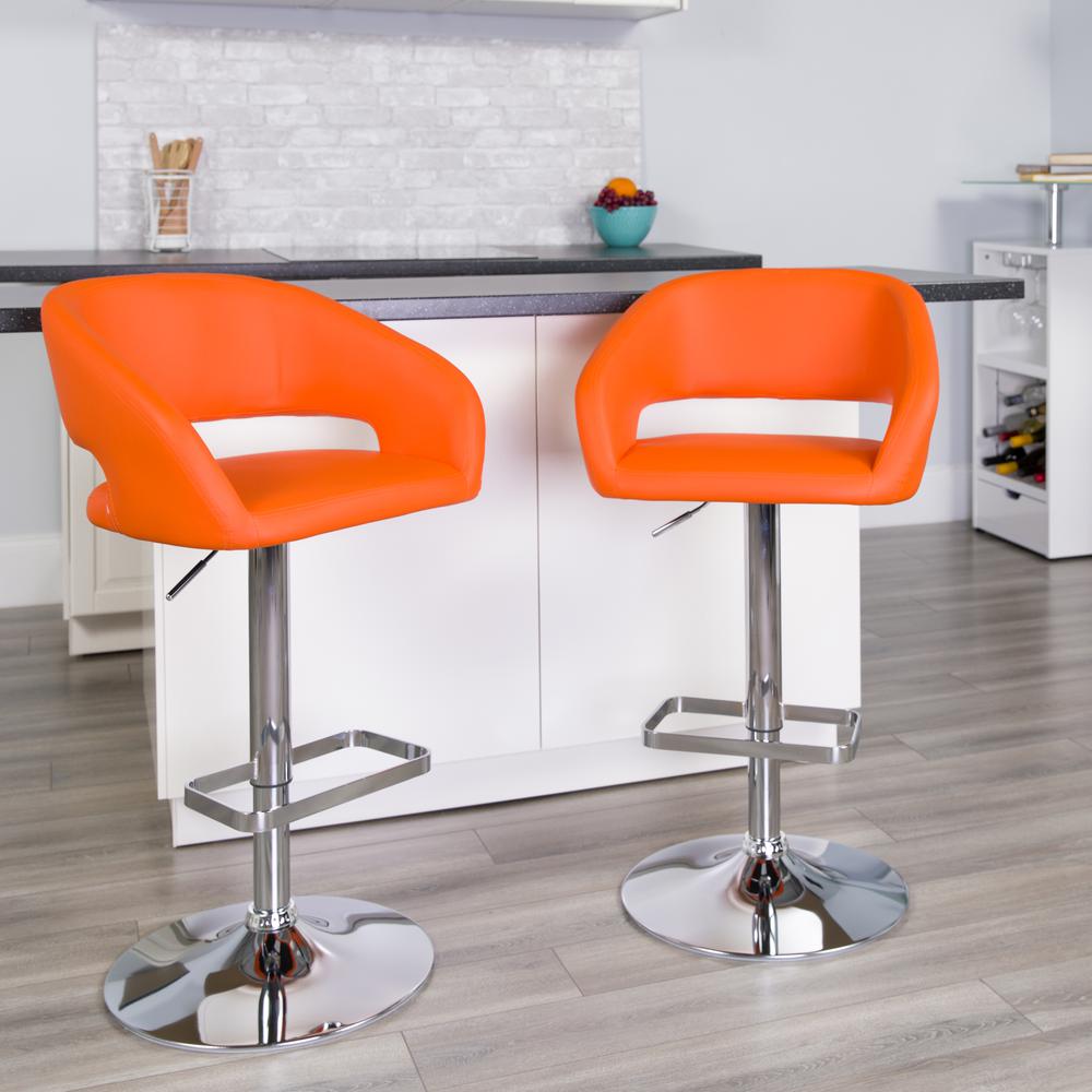 Contemporary Orange Vinyl Adjustable Height Barstool with Rounded Mid-Back and Chrome Base. Picture 6