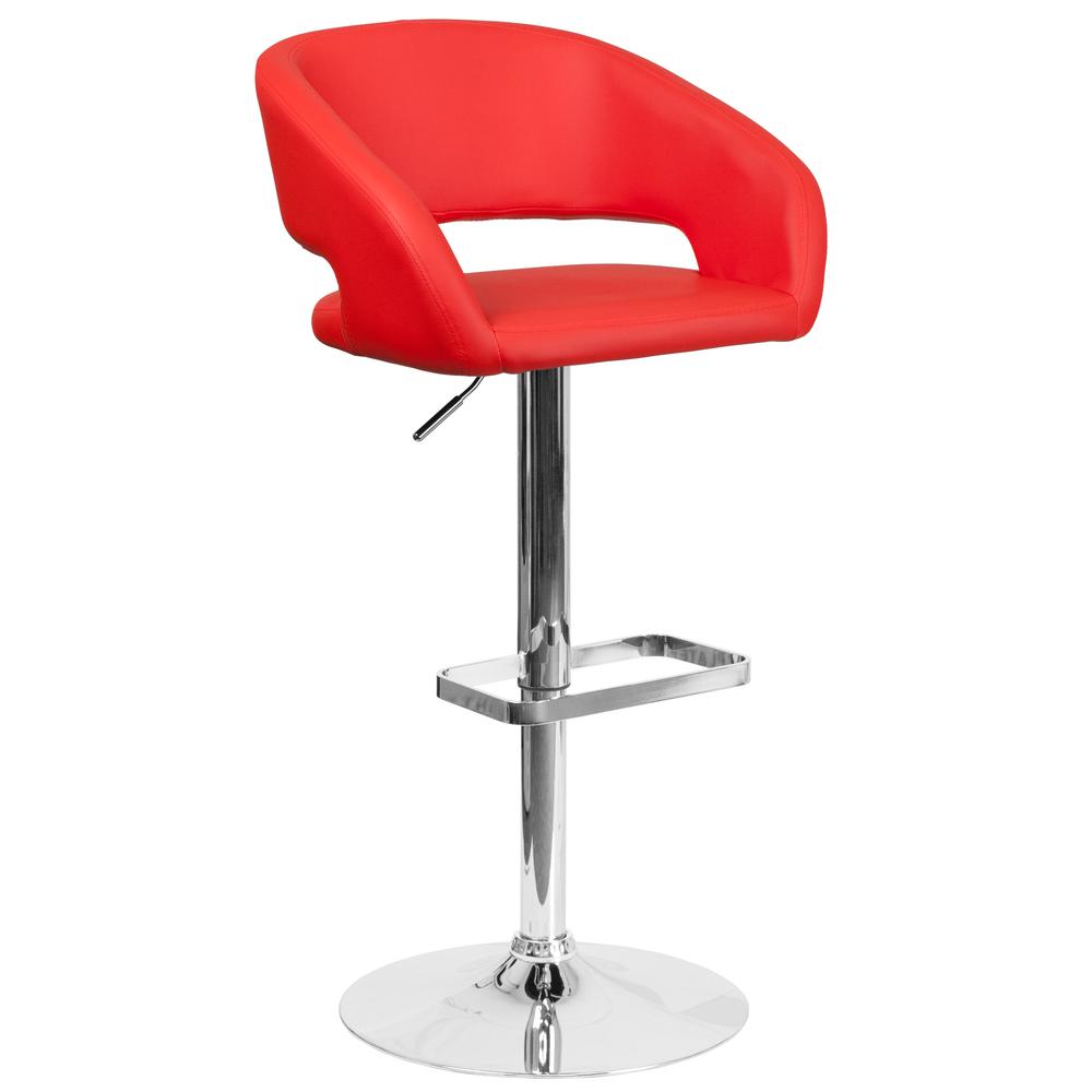 Contemporary Red Vinyl Adjustable Height Barstool with Rounded Mid-Back and Chrome Base. The main picture.