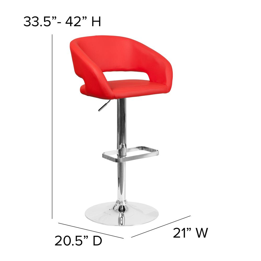 Contemporary Red Vinyl Adjustable Height Barstool with Rounded Mid-Back and Chrome Base. Picture 2