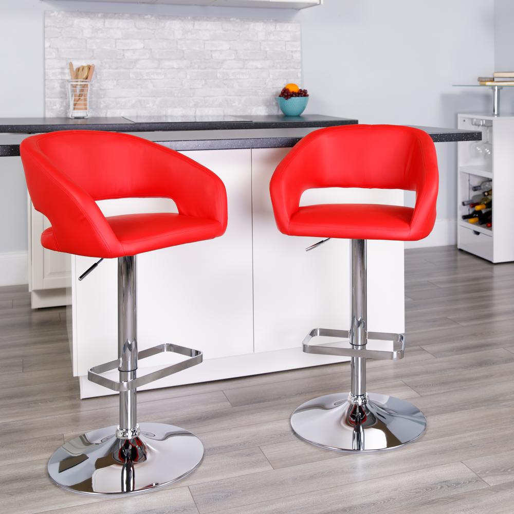 Contemporary Red Vinyl Adjustable Height Barstool with Rounded Mid-Back and Chrome Base. Picture 6