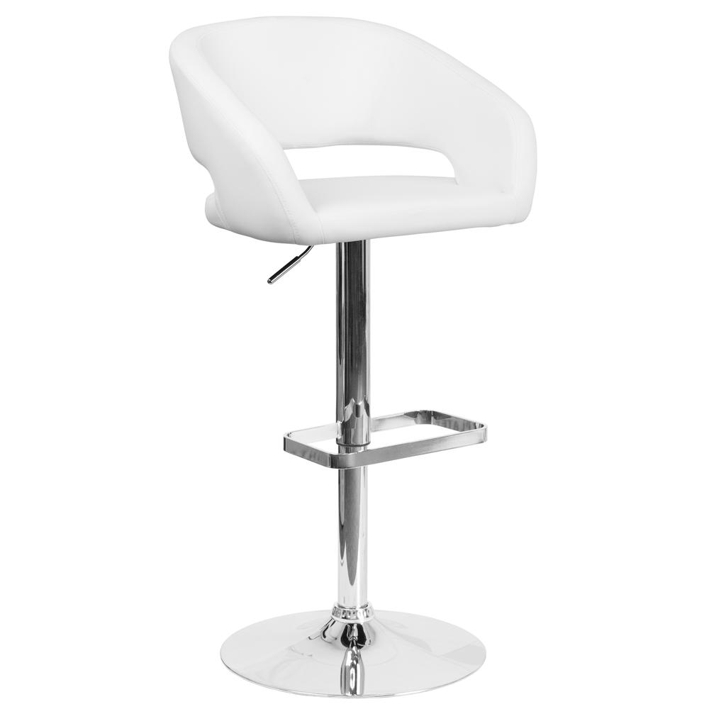 Contemporary White Vinyl Adjustable Height Barstool with Rounded Mid-Back and Chrome Base. The main picture.