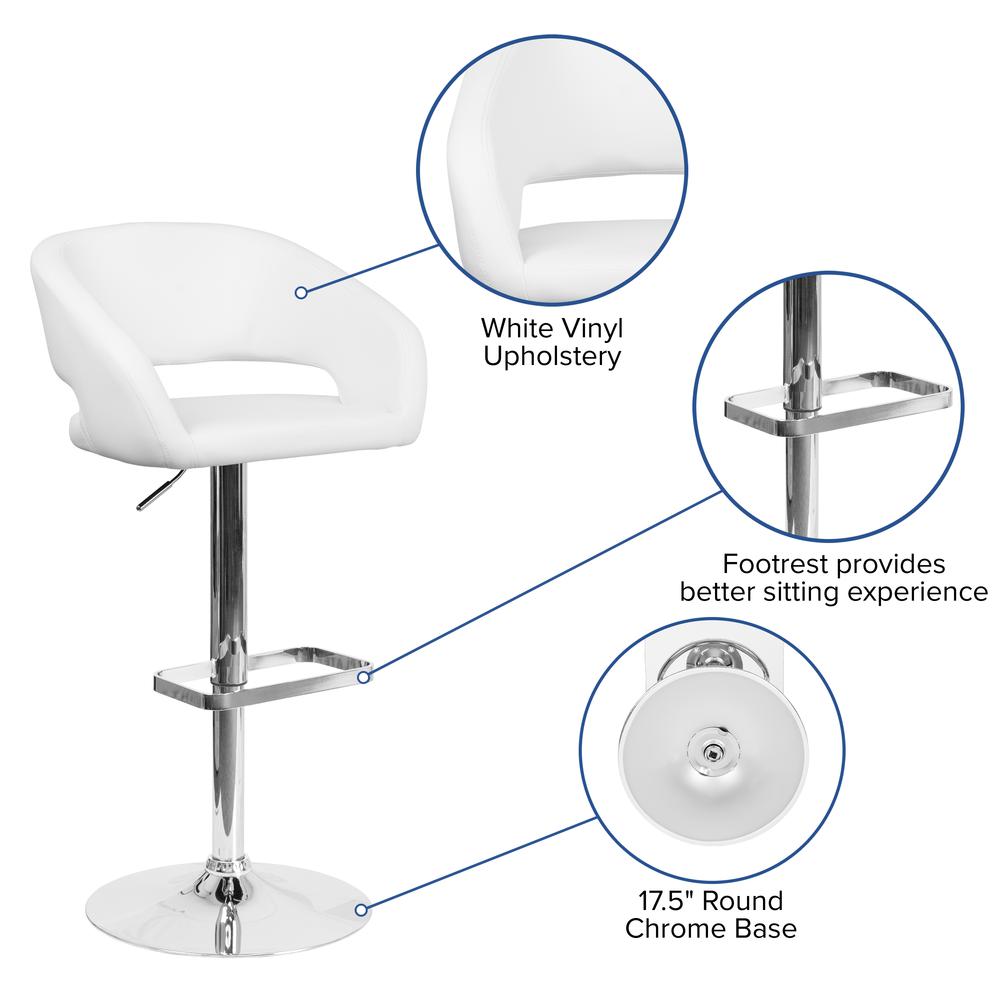 Contemporary White Vinyl Adjustable Height Barstool with Rounded Mid-Back and Chrome Base. Picture 6