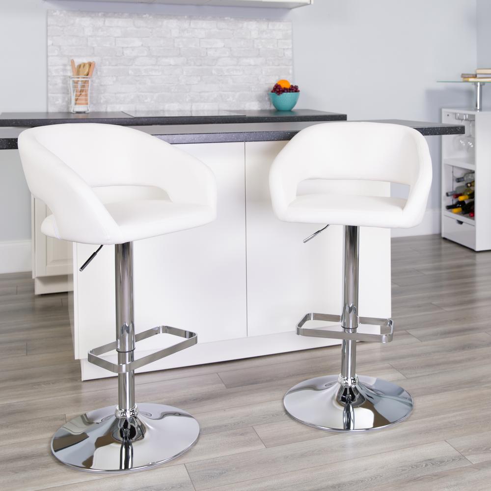 Contemporary White Vinyl Adjustable Height Barstool with Rounded Mid-Back and Chrome Base. Picture 9
