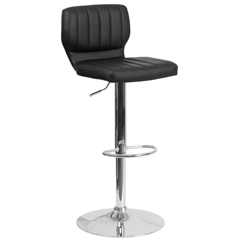 Contemporary Black Vinyl Adjustable Height Barstool with Vertical Stitch Back and Chrome Base. Picture 1