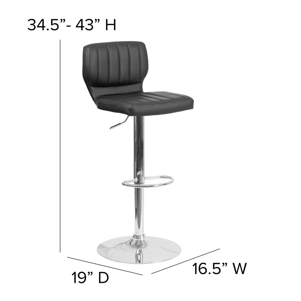 Contemporary Black Vinyl Adjustable Height Barstool with Vertical Stitch Back and Chrome Base. Picture 2