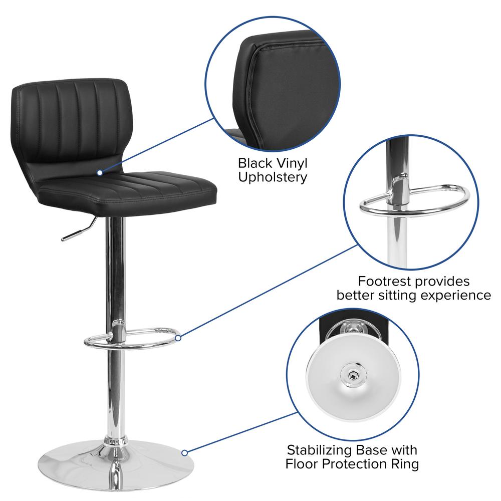 Contemporary Black Vinyl Adjustable Height Barstool with Vertical Stitch Back and Chrome Base. Picture 6