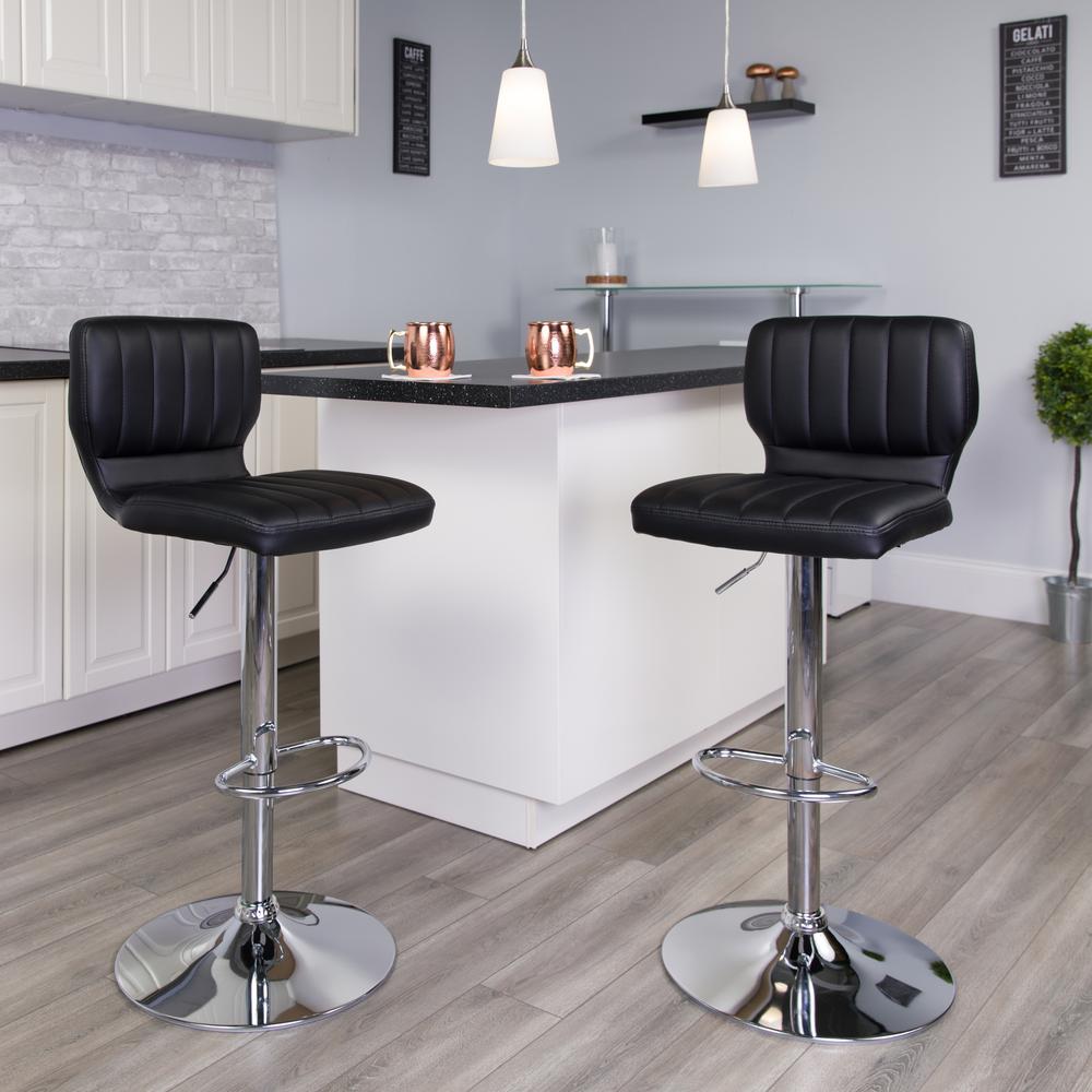 Contemporary Black Vinyl Adjustable Height Barstool with Vertical Stitch Back and Chrome Base. Picture 7