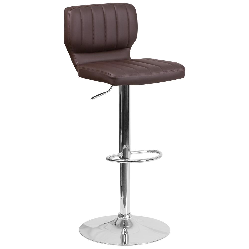 Contemporary Brown Vinyl Adjustable Height Barstool with Vertical Stitch Back and Chrome Base. Picture 1