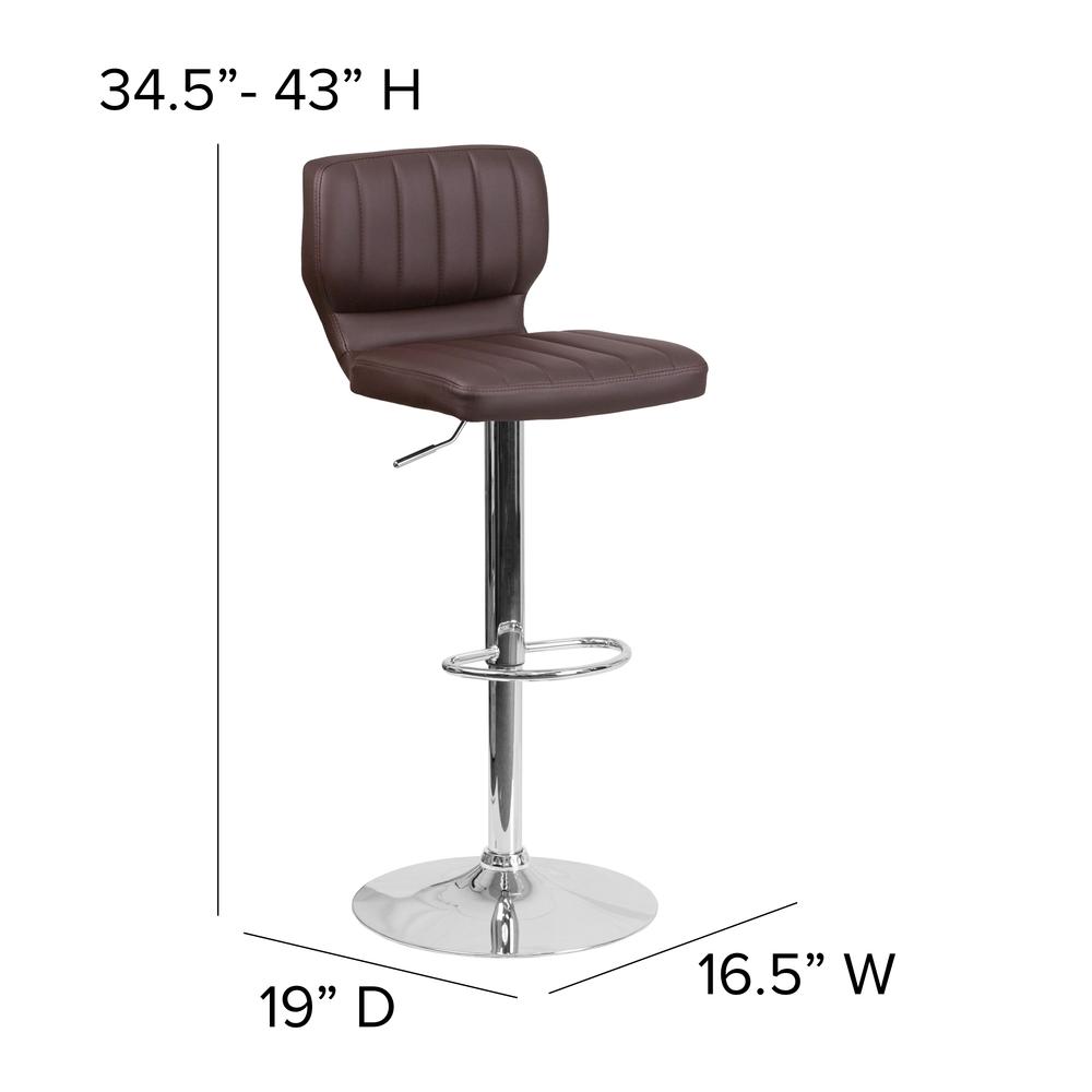 Contemporary Brown Vinyl Adjustable Height Barstool with Vertical Stitch Back and Chrome Base. Picture 2