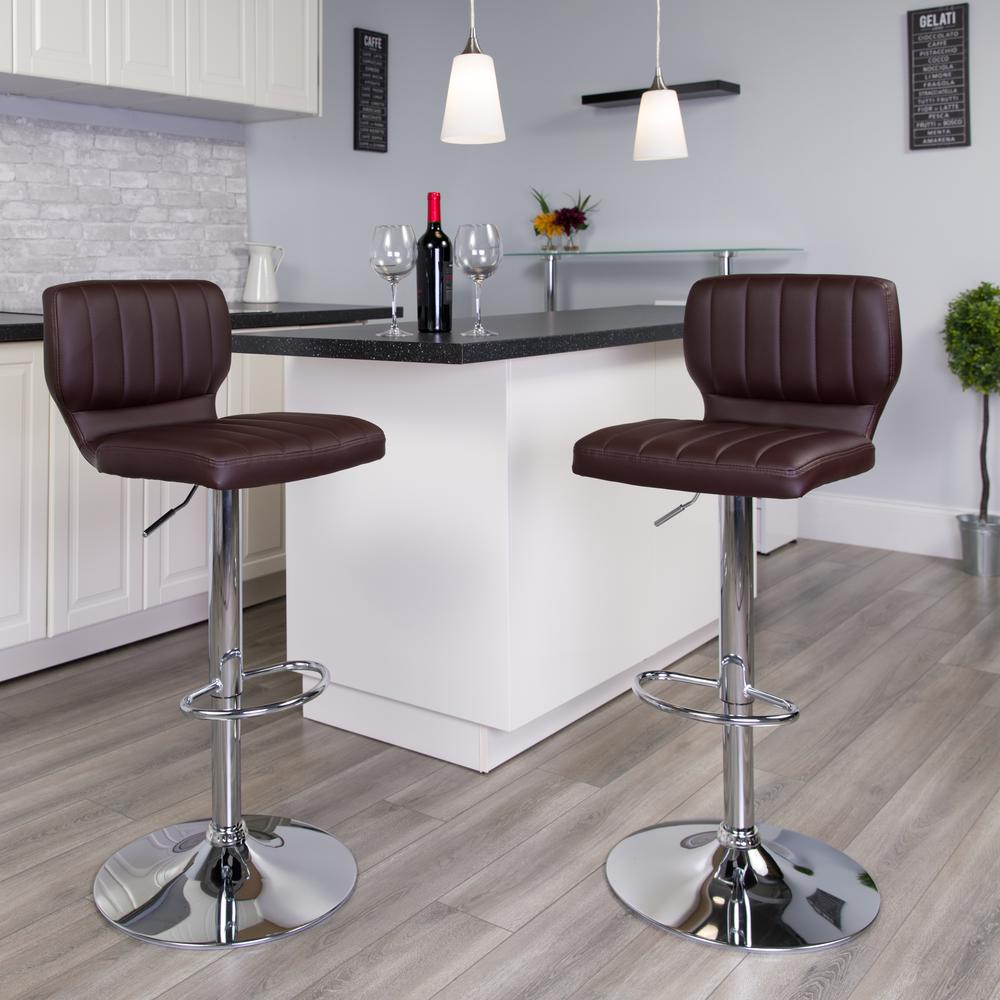 Contemporary Brown Vinyl Adjustable Height Barstool with Vertical Stitch Back and Chrome Base. Picture 8