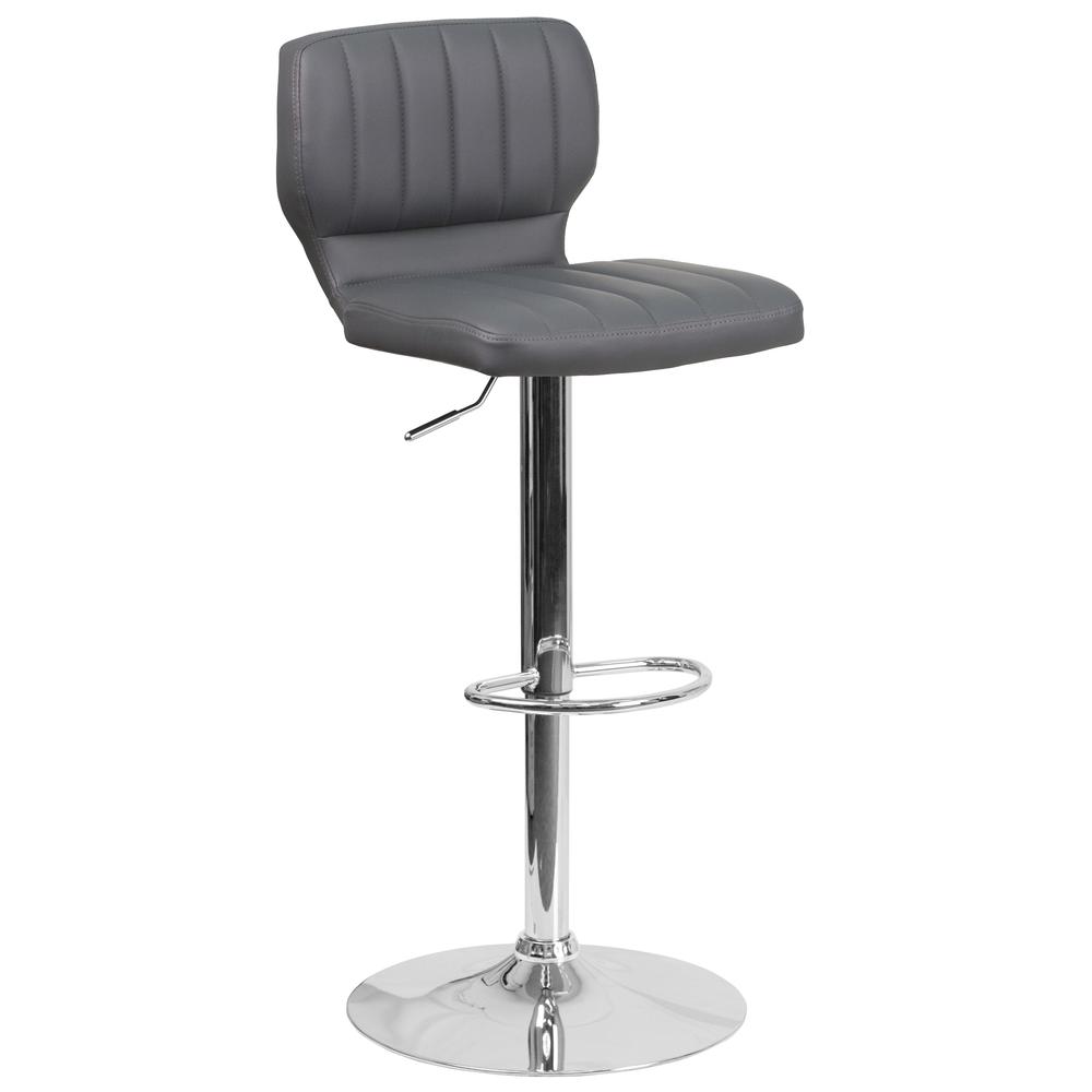 Contemporary Gray Vinyl Adjustable Height Barstool with Vertical Stitch Back and Chrome Base. The main picture.