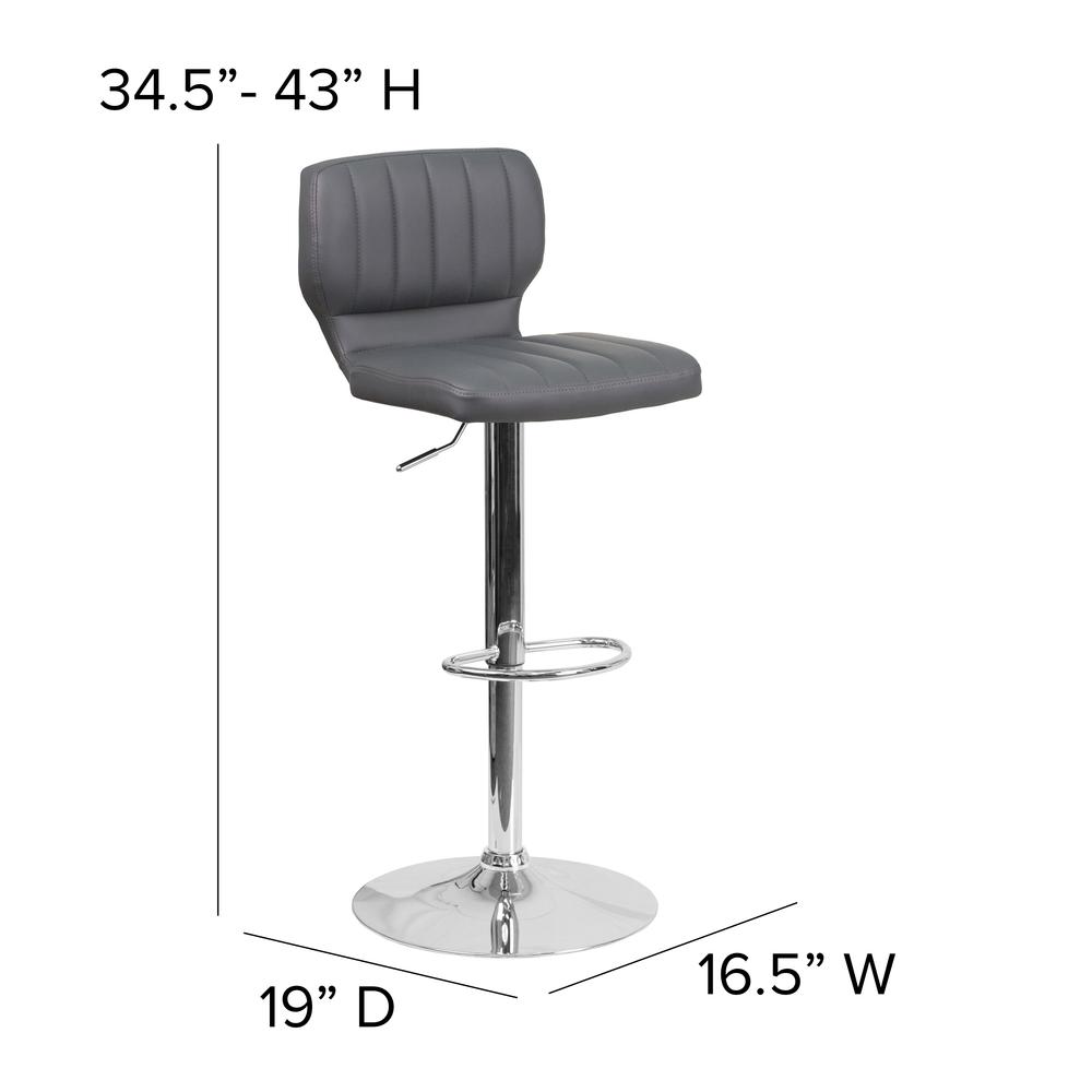 Contemporary Gray Vinyl Adjustable Height Barstool with Vertical Stitch Back and Chrome Base. Picture 2