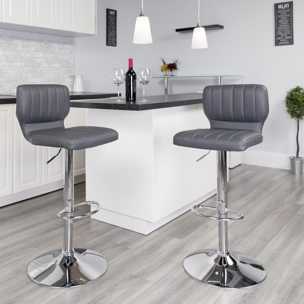 Contemporary Gray Vinyl Adjustable Height Barstool with Vertical Stitch Back and Chrome Base. Picture 9
