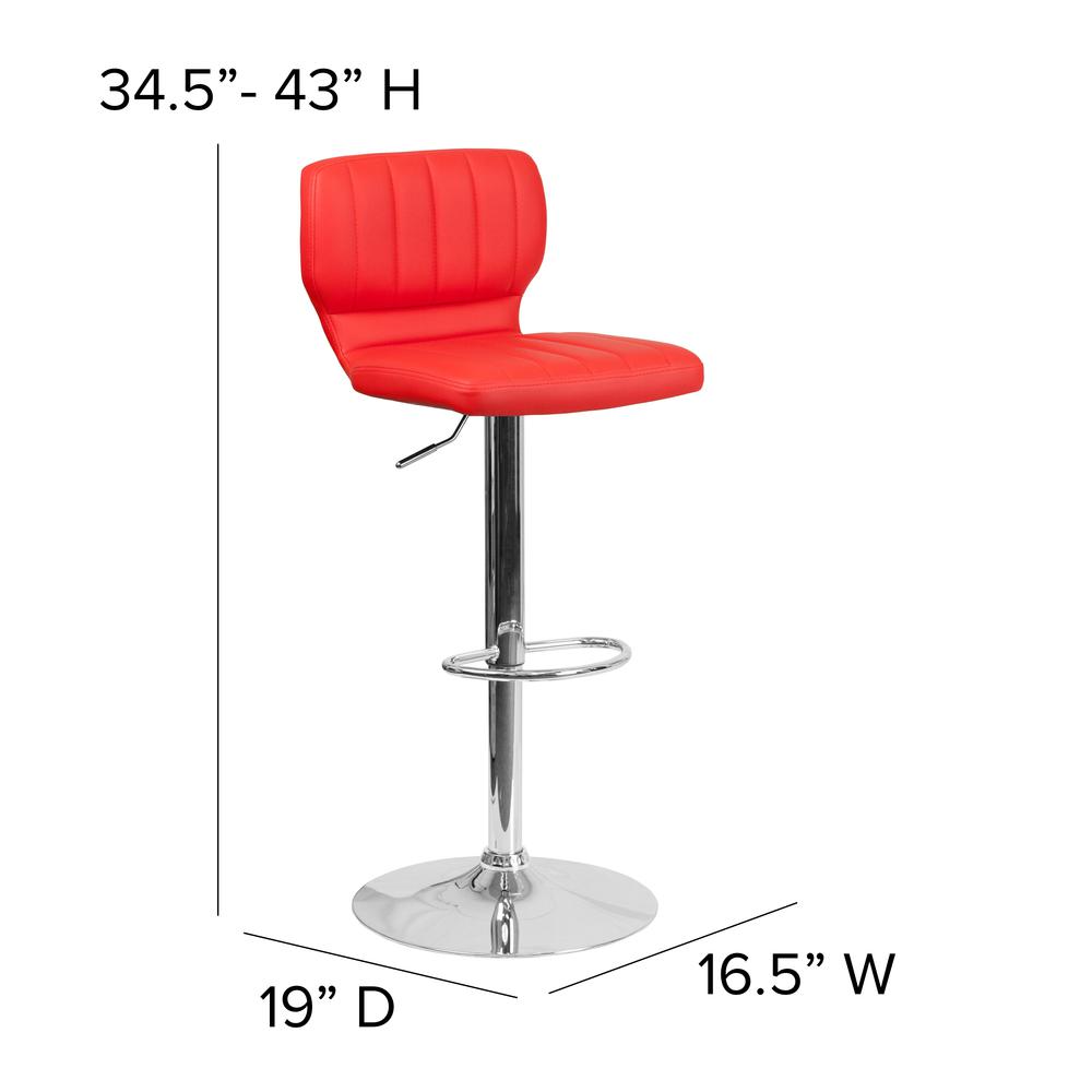 Contemporary Red Vinyl Adjustable Height Barstool with Vertical Stitch Back and Chrome Base. Picture 2