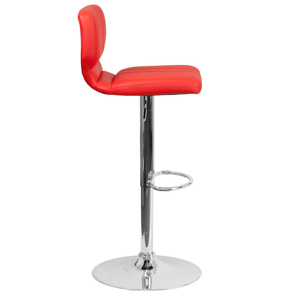 Contemporary Red Vinyl Adjustable Height Barstool with Vertical Stitch Back and Chrome Base. Picture 3