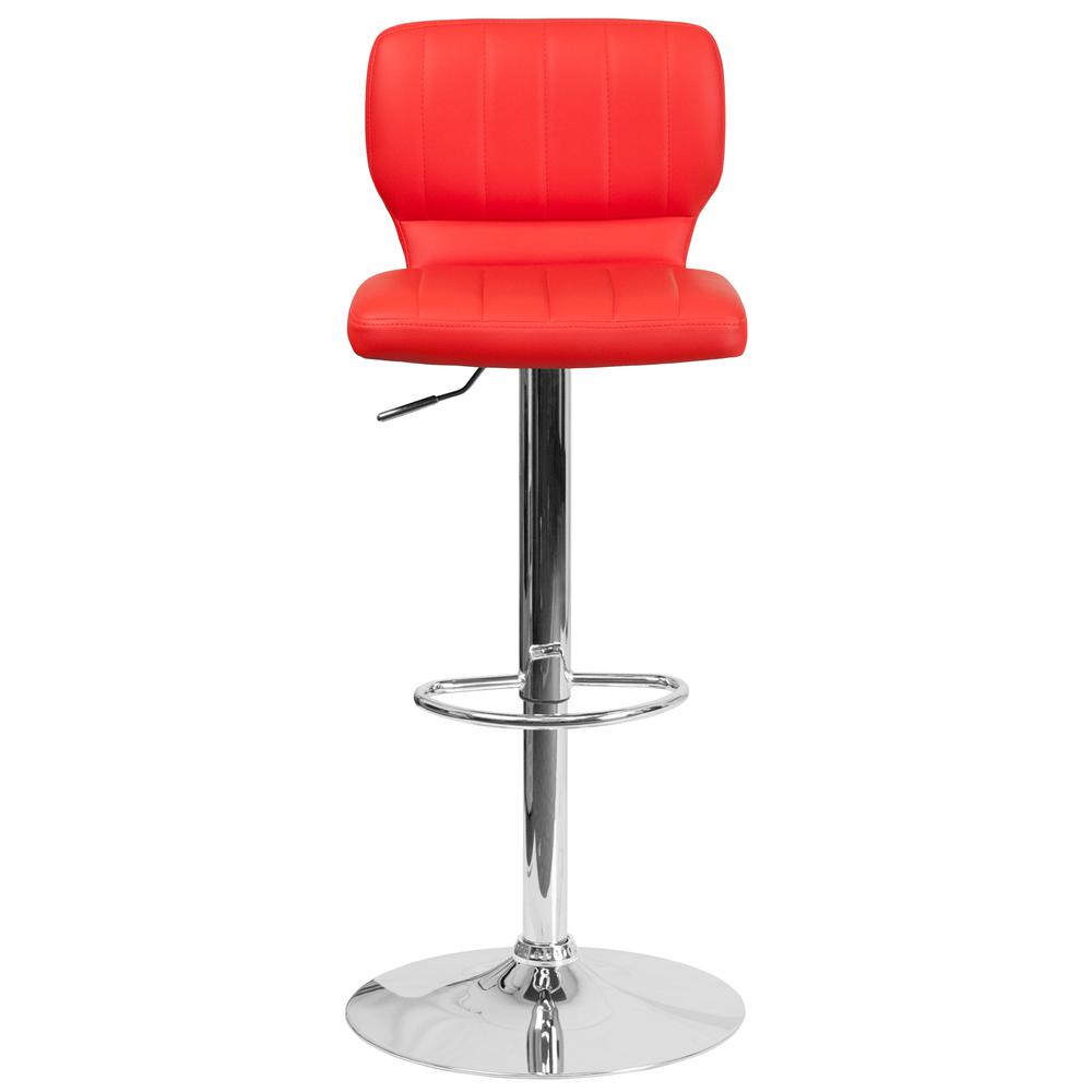 Contemporary Red Vinyl Adjustable Height Barstool with Vertical Stitch Back and Chrome Base. Picture 5