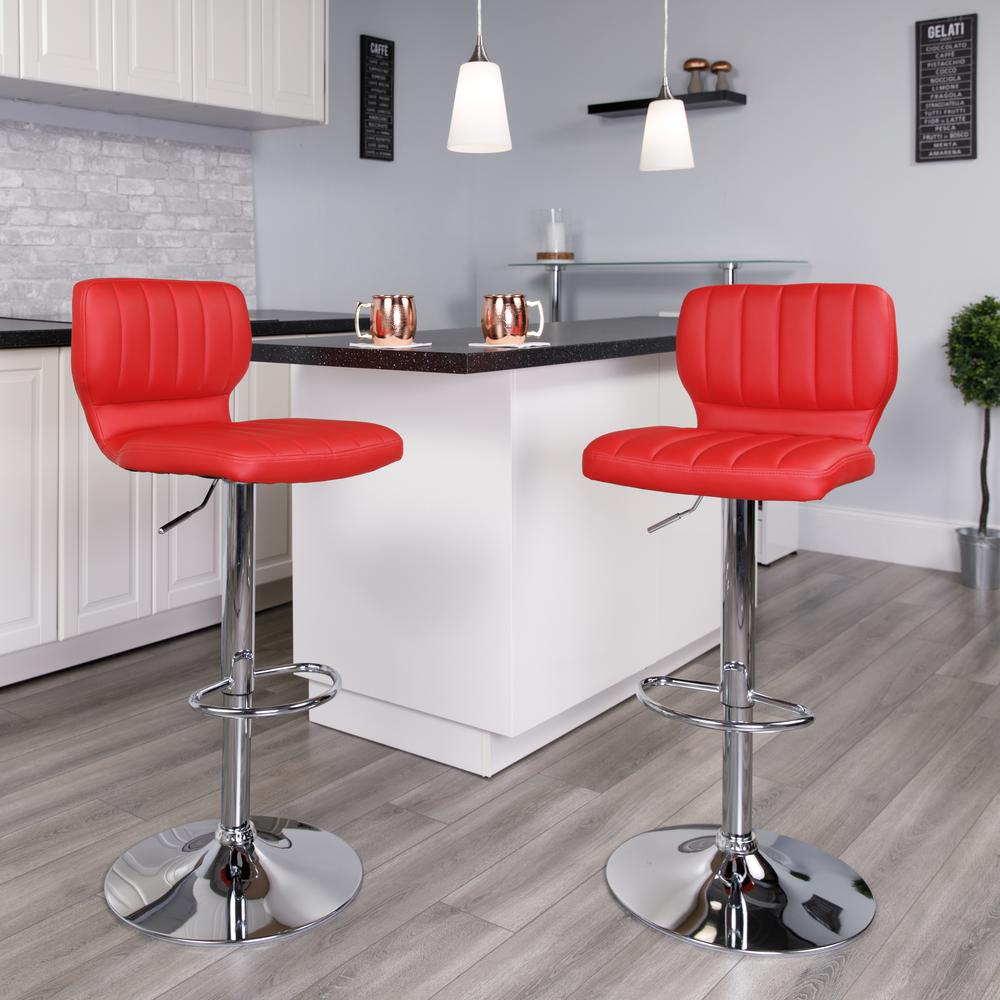 Contemporary Red Vinyl Adjustable Height Barstool with Vertical Stitch Back and Chrome Base. Picture 6