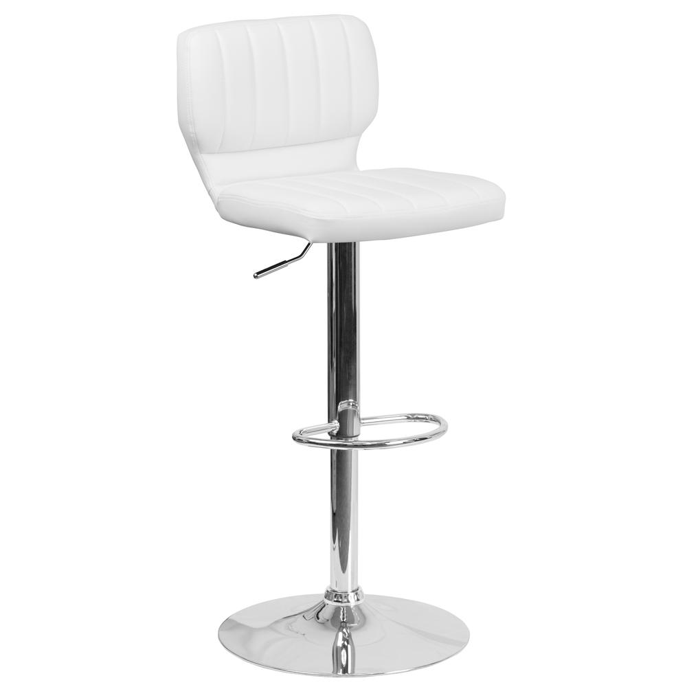 Contemporary White Vinyl Adjustable Height Barstool with Vertical Stitch Back and Chrome Base. Picture 1
