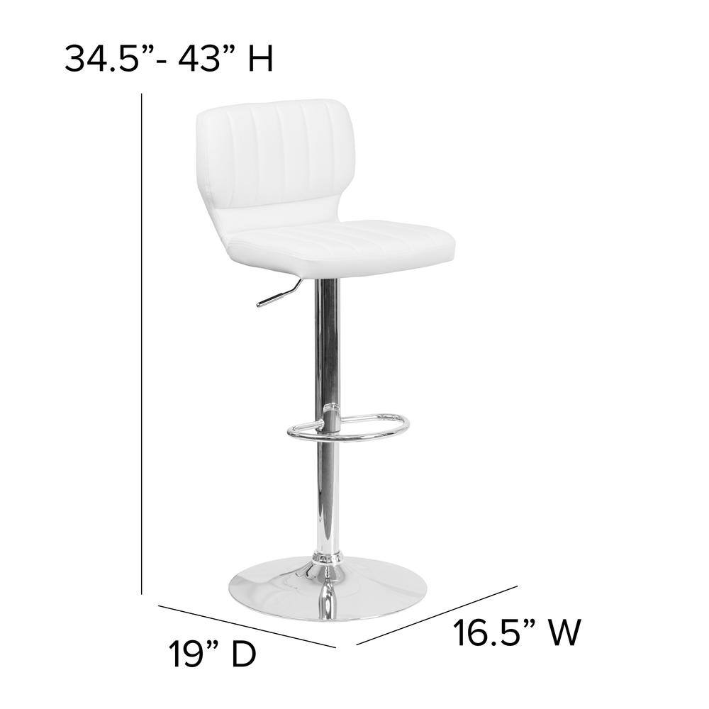 Contemporary White Vinyl Adjustable Height Barstool with Vertical Stitch Back and Chrome Base. Picture 2