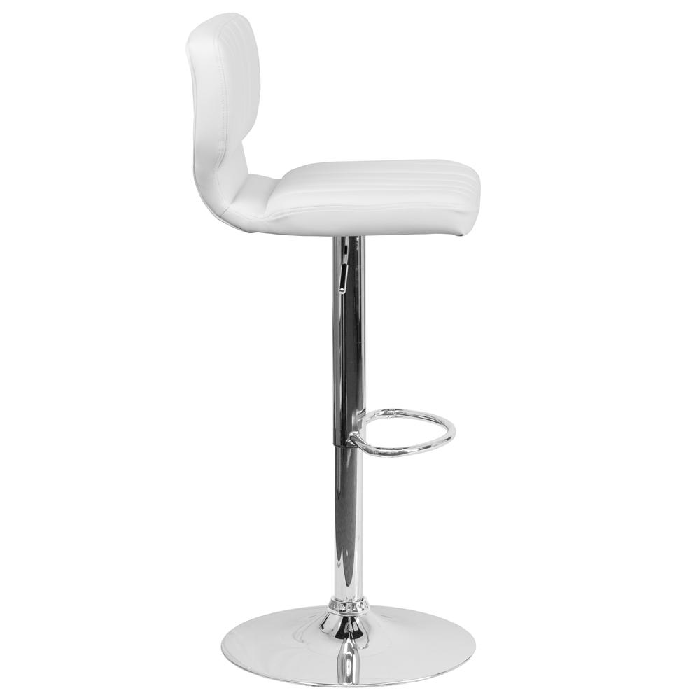 Contemporary White Vinyl Adjustable Height Barstool with Vertical Stitch Back and Chrome Base. Picture 3