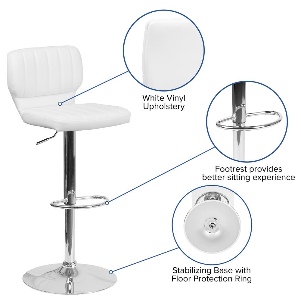 Contemporary White Vinyl Adjustable Height Barstool with Vertical Stitch Back and Chrome Base. Picture 6
