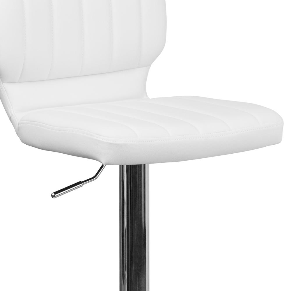 Contemporary White Vinyl Adjustable Height Barstool with Vertical Stitch Back and Chrome Base. Picture 7