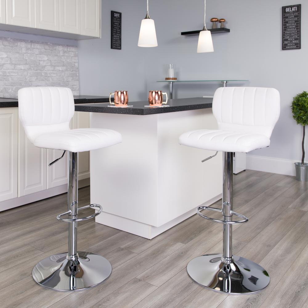 Contemporary White Vinyl Adjustable Height Barstool with Vertical Stitch Back and Chrome Base. Picture 9