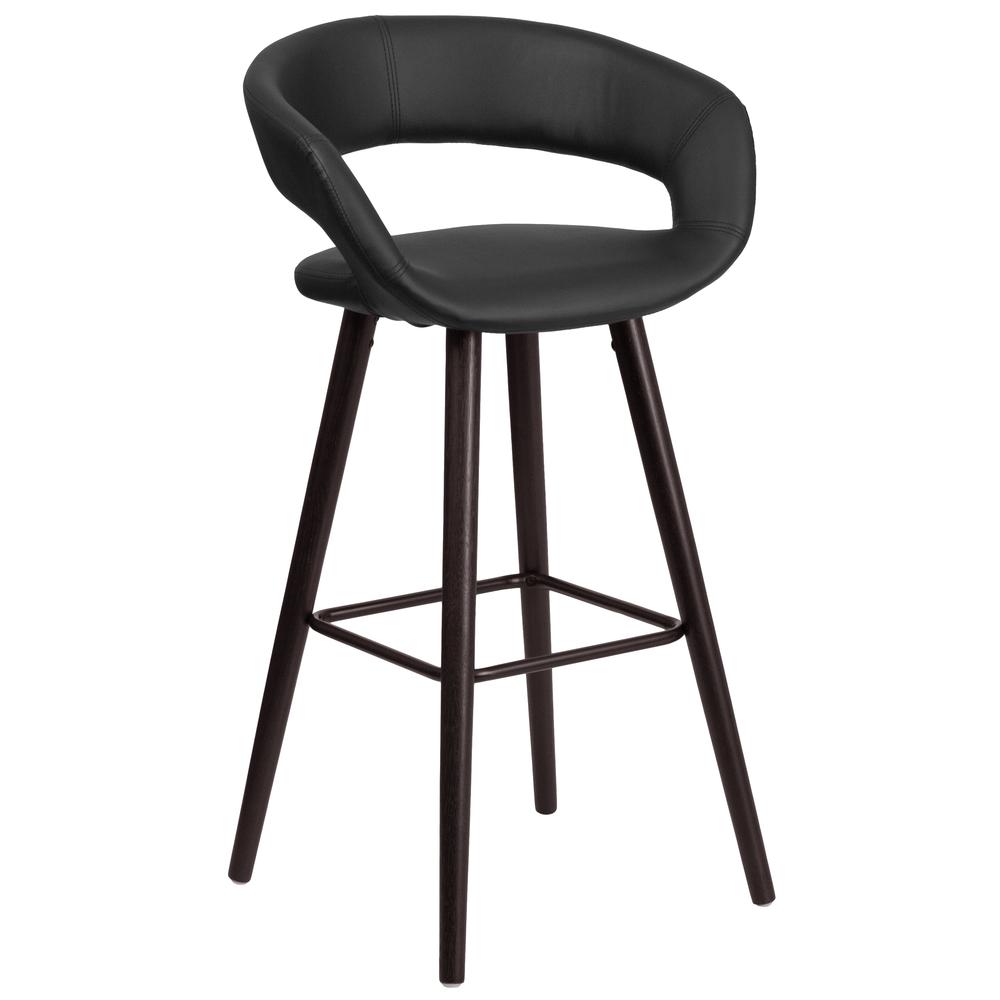 29'' High Contemporary Cappuccino Wood Rounded Open Back Barstool in Black Vinyl. Picture 1
