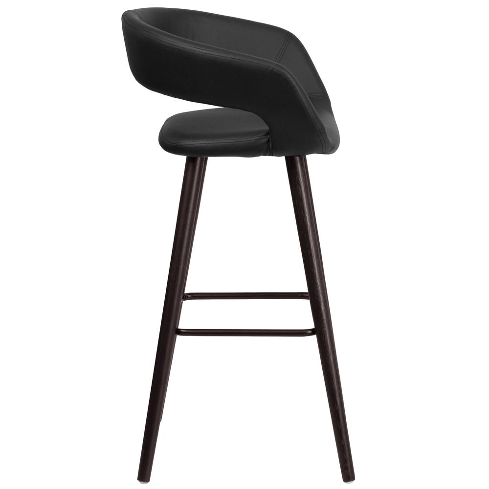 29'' High Contemporary Cappuccino Wood Rounded Open Back Barstool in Black Vinyl. Picture 2