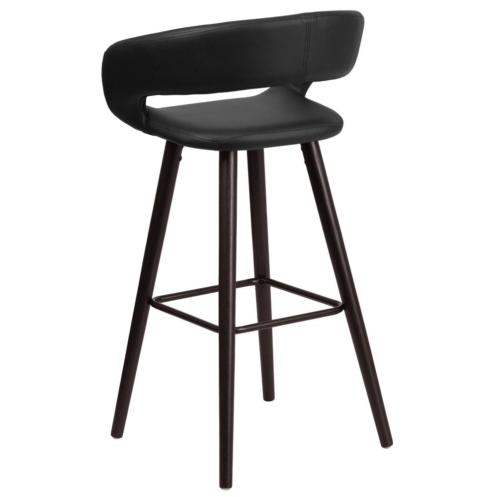 29'' High Contemporary Cappuccino Wood Rounded Open Back Barstool in Black Vinyl. Picture 3