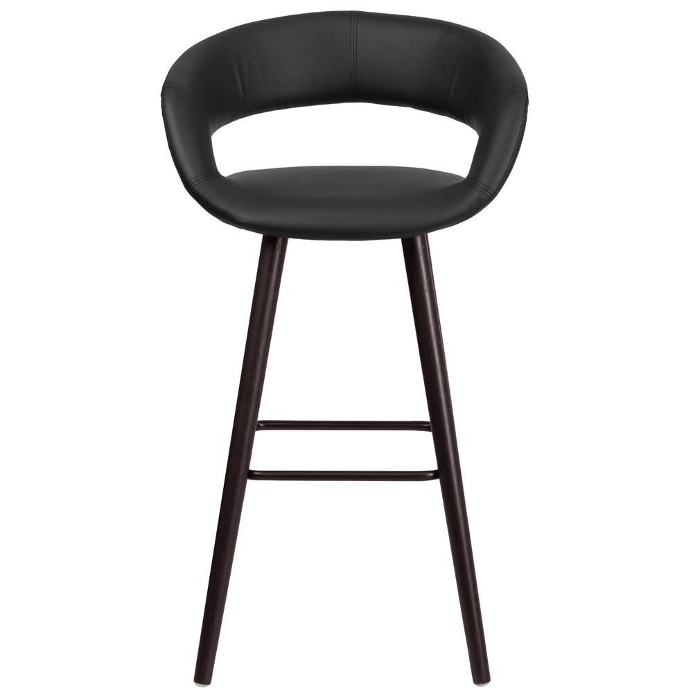 29'' High Contemporary Cappuccino Wood Rounded Open Back Barstool in Black Vinyl. Picture 4