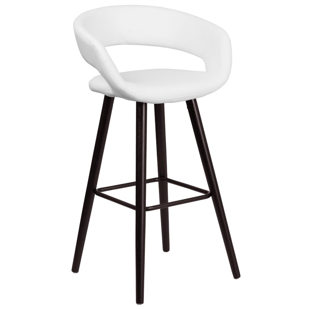 29'' High Contemporary Cappuccino Wood Rounded Open Back Barstool in White Vinyl. Picture 1