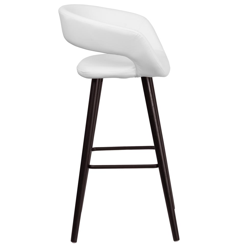 29'' High Contemporary Cappuccino Wood Rounded Open Back Barstool in White Vinyl. Picture 2