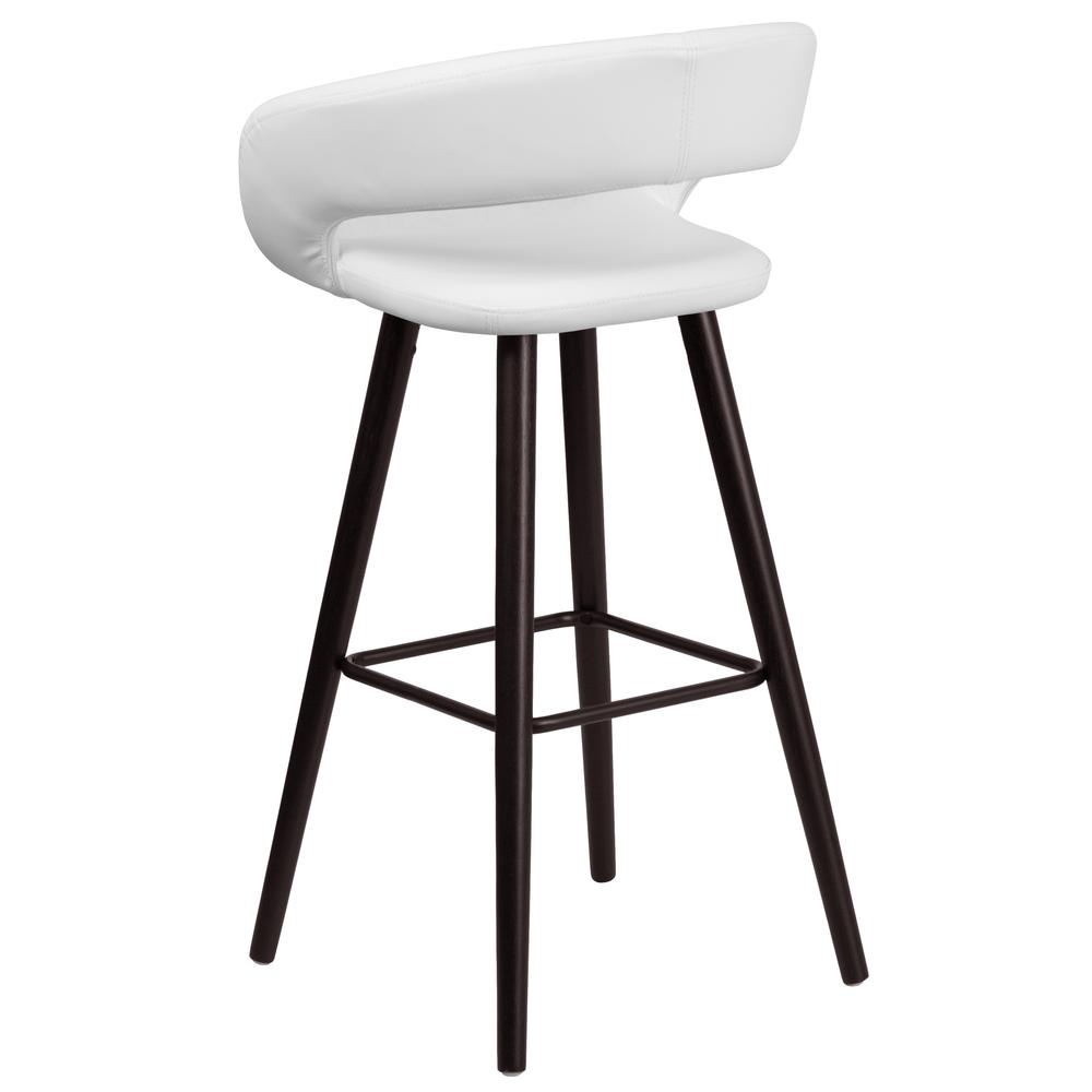 29'' High Contemporary Cappuccino Wood Rounded Open Back Barstool in White Vinyl. Picture 3