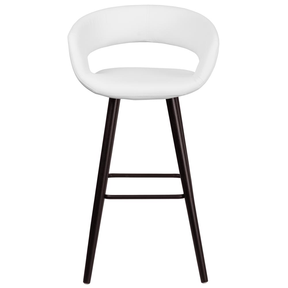 29'' High Contemporary Cappuccino Wood Rounded Open Back Barstool in White Vinyl. Picture 4