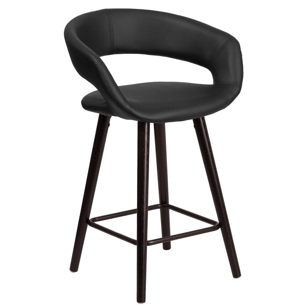 24'' High Contemporary Cappuccino Wood Rounded Open Back Counter Height Stool in Black Vinyl. Picture 1