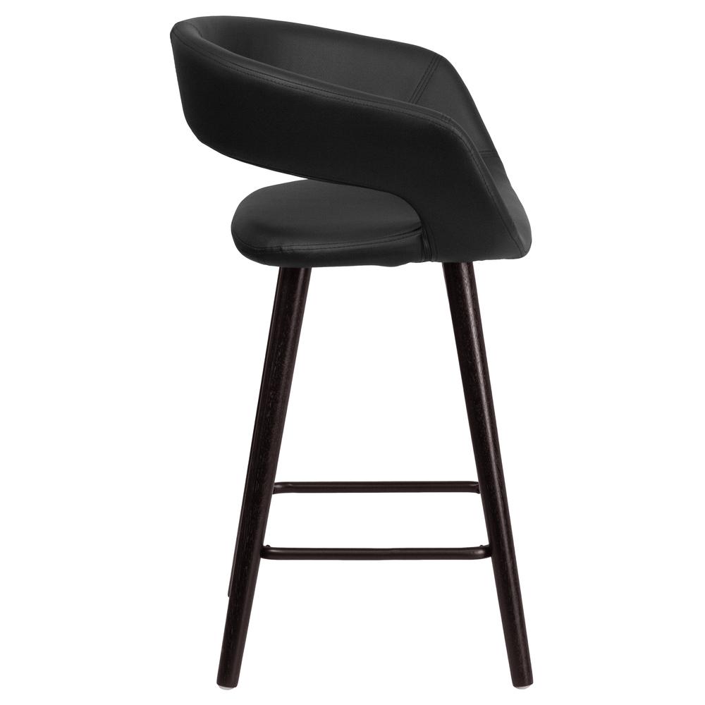 24'' High Contemporary Cappuccino Wood Rounded Open Back Counter Height Stool in Black Vinyl. Picture 2