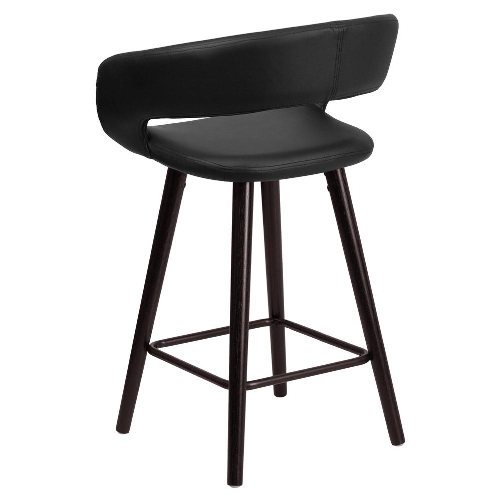 24'' High Contemporary Cappuccino Wood Rounded Open Back Counter Height Stool in Black Vinyl. Picture 3