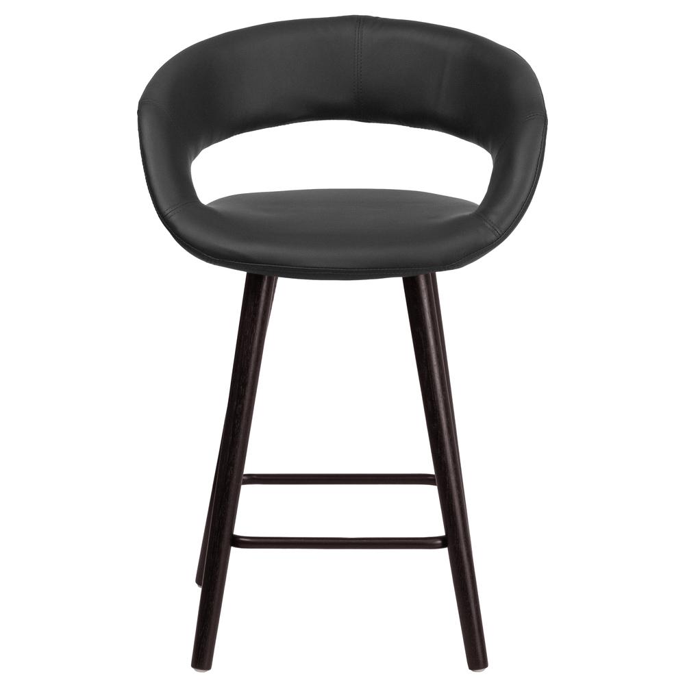 24'' High Contemporary Cappuccino Wood Rounded Open Back Counter Height Stool in Black Vinyl. Picture 4